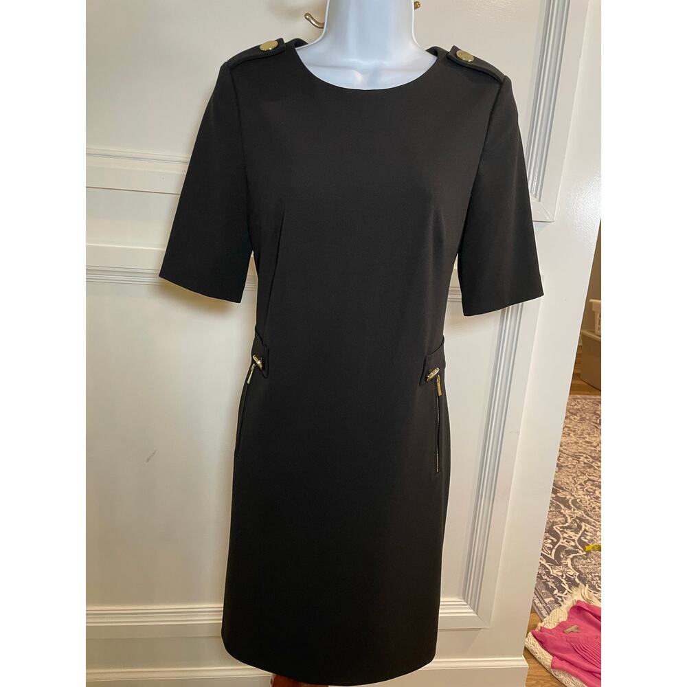 Calvin Klein Black Short‑Sleeve Dress w/ Gold Accents – Size 4